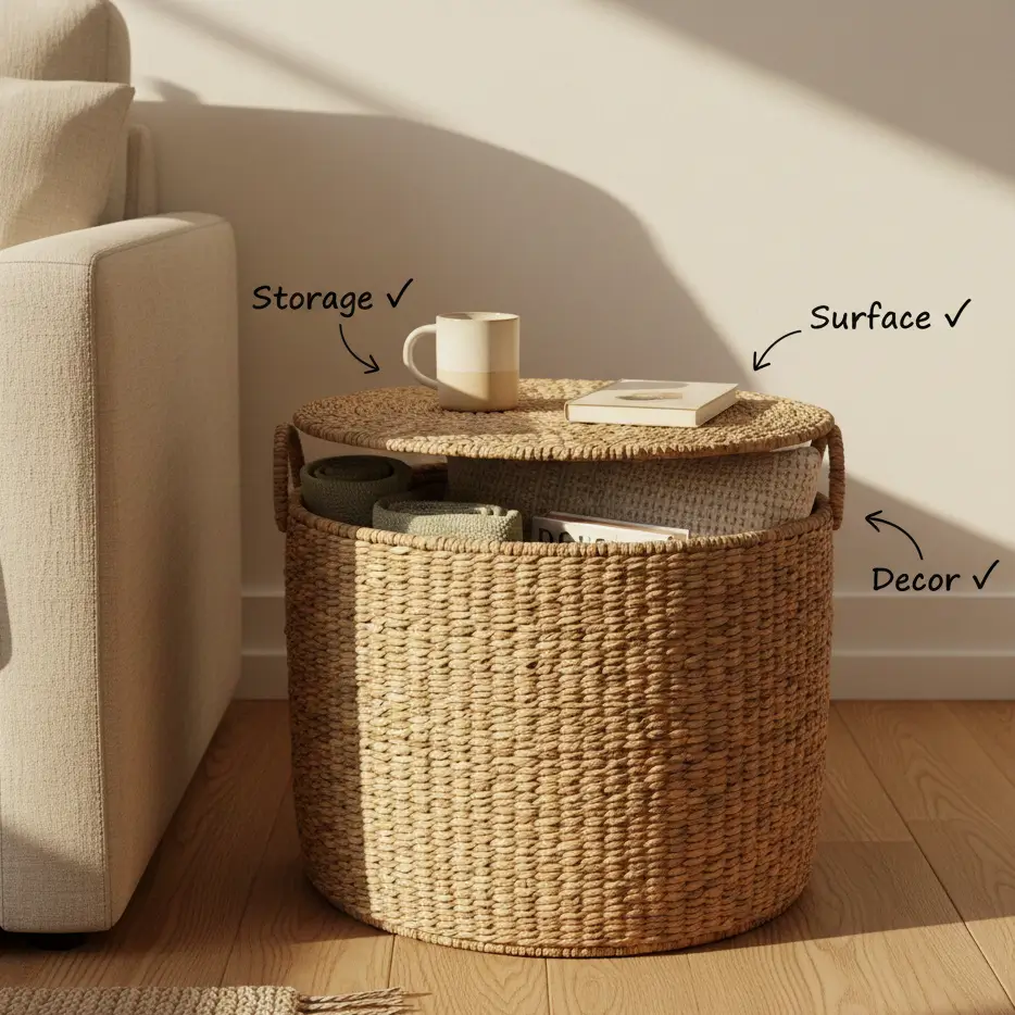 18-inch woven seagrass basket serving as tiny house side table with mug and book on lid, blanket storage visible inside