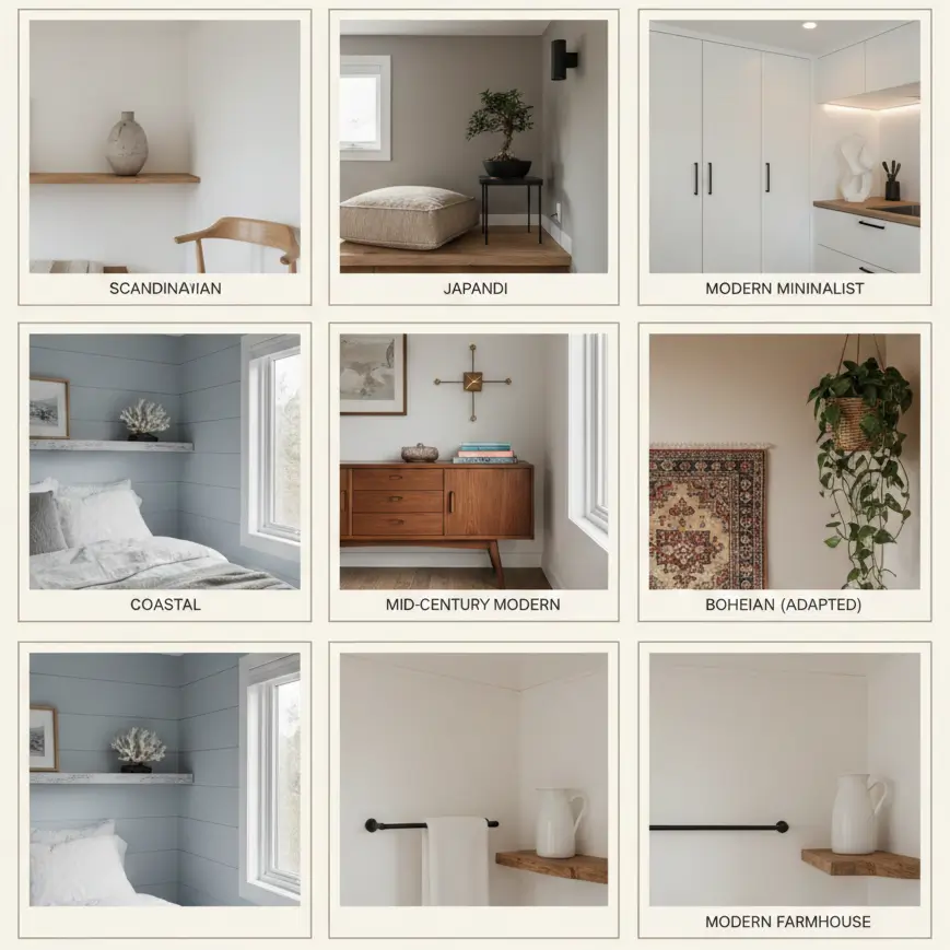 Grid comparison of 7 tiny house interior design styles including Scandinavian, Japandi, minimalist, coastal, mid-century, bohemian, and farmhouse