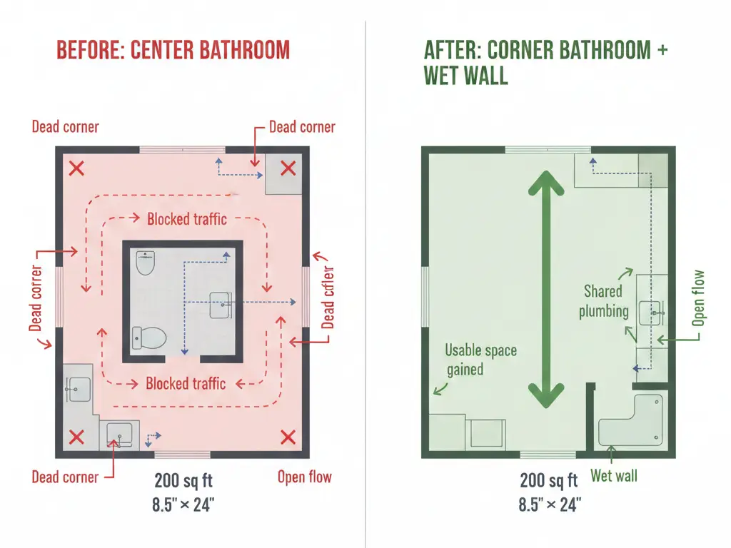 Before and after floor plan showing center bathroom mistake (left) versus corner bathroom solution with wet wall (right) in 200 sq ft tiny house