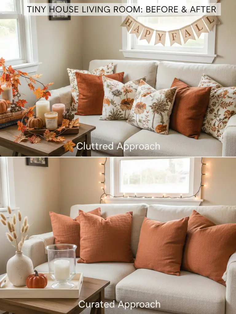 Before and after comparison of tiny house seasonal decor: cluttered 15+ items versus curated 5-piece intentional display