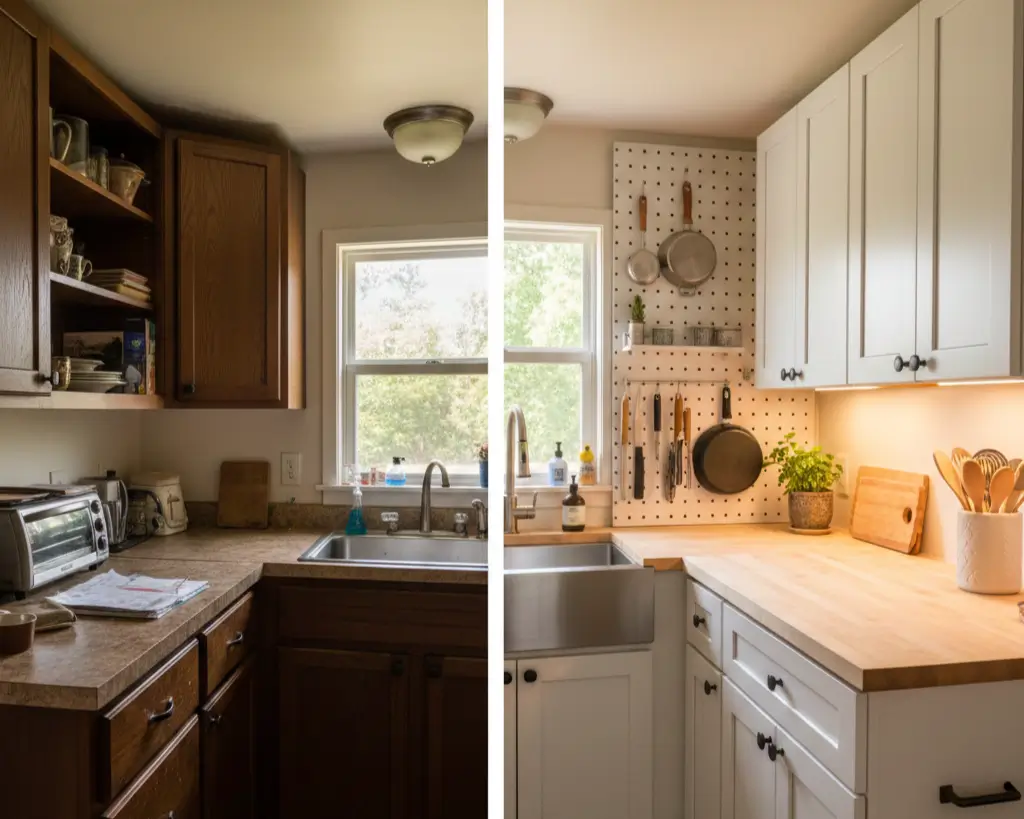 Before and after tiny house kitchen renovation: dark cramped 40 sq ft transformed with $3,200 budget
