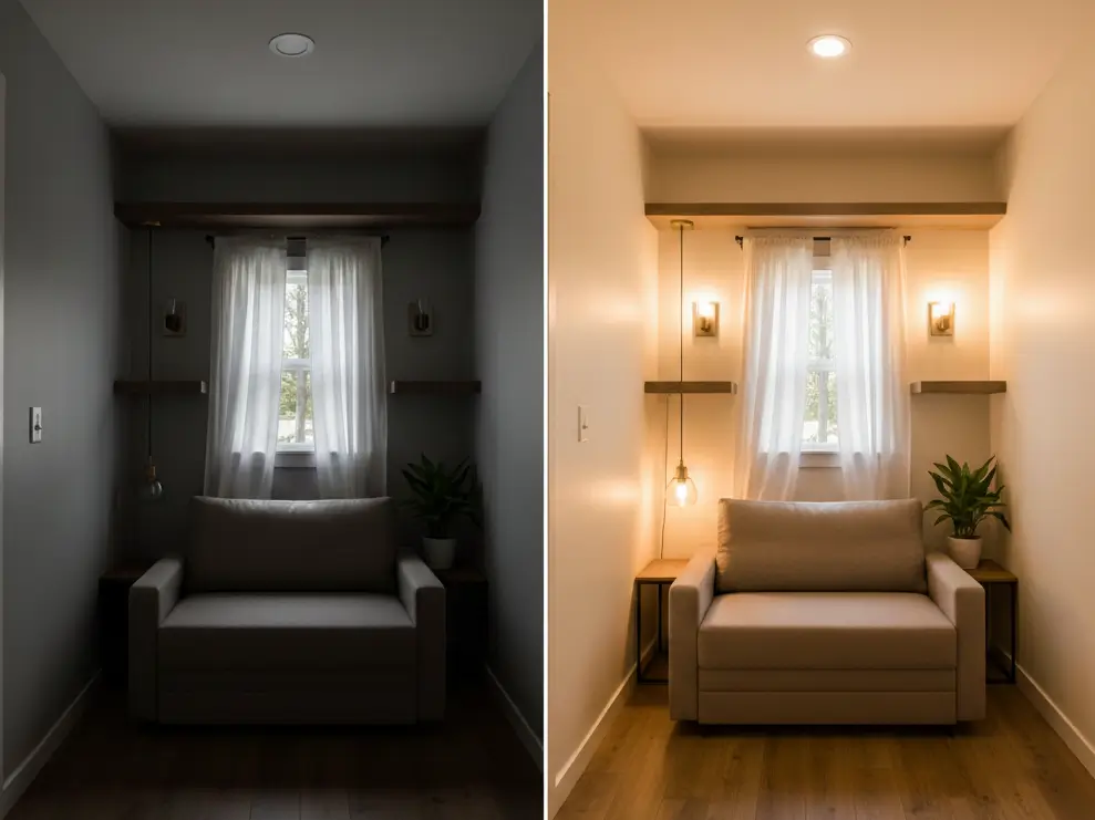 Before and after tiny house lighting: single overhead vs. layered lighting in 280 sq ft space