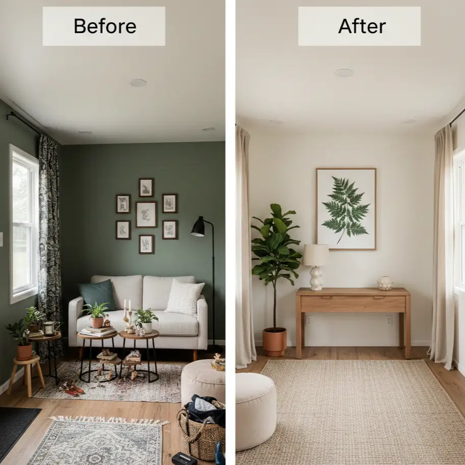 Before and after tiny house living room showing cluttered 40% visible floor transformed to calm 65% visible floor with curated decor