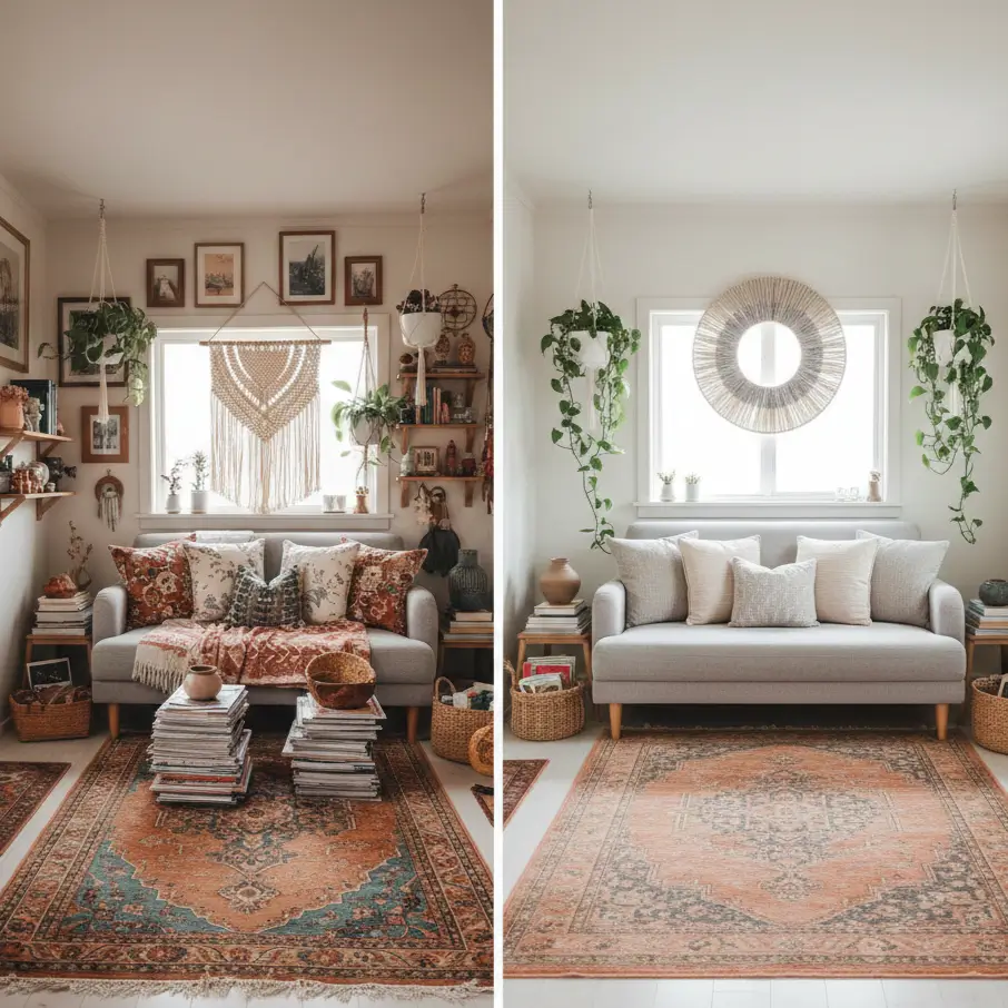 Before and after tiny house styling showing cluttered bohemian transformed to curated Scandi-Boho in 340 sq ft space