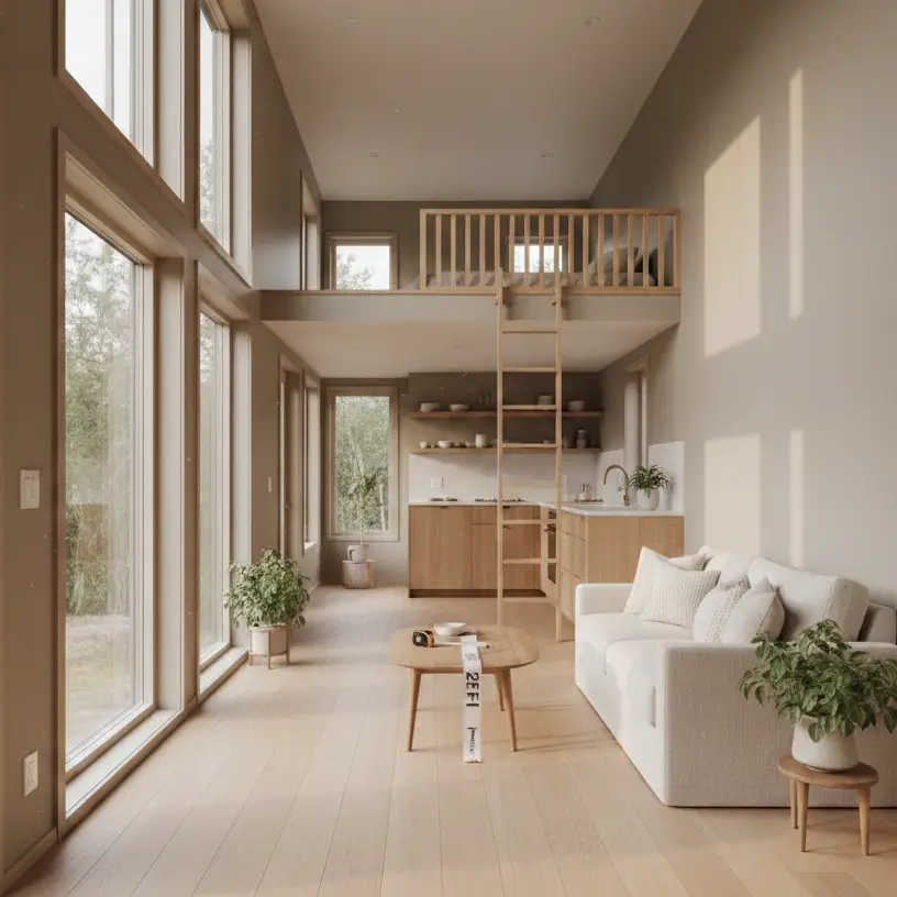 Bright 350 sq ft tiny house interior with warm greige walls, white ceiling, and oak floors demonstrating spacious color selection