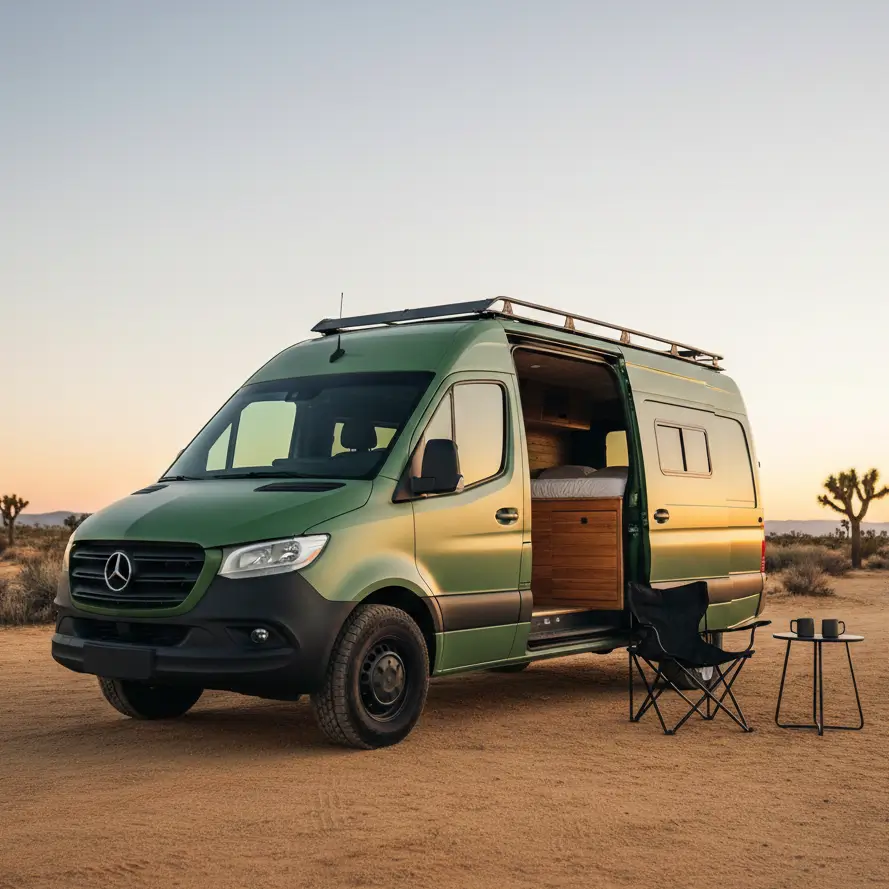 Custom painted high-roof camper van conversion in sage green parked in desert landscape at sunset.