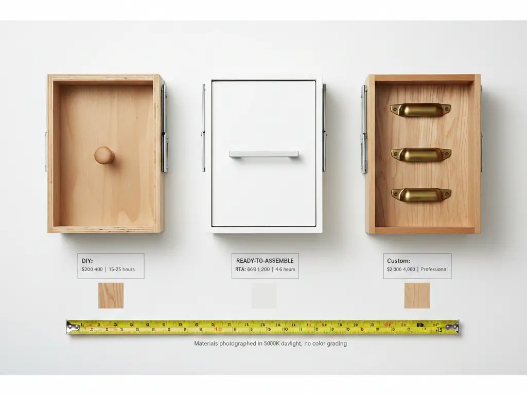Comparison of DIY pine ($200-400), ready-to-assemble laminate ($600-1,200), and custom maple ($2,000-4,000) drawer options for under-stair storage