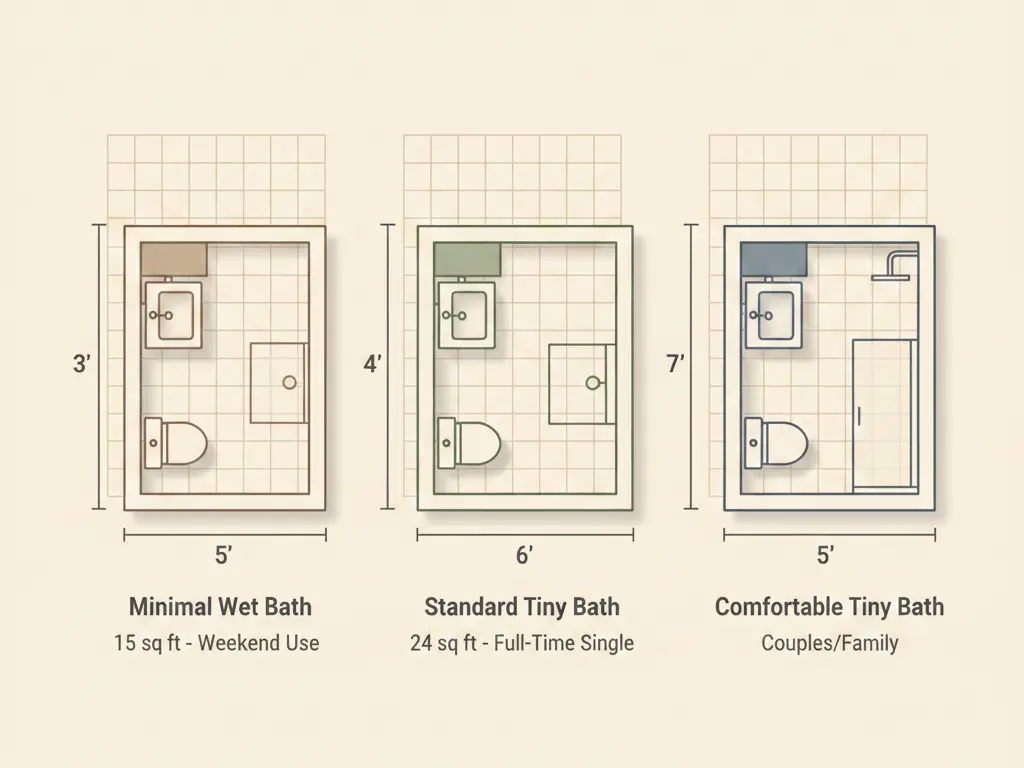Comparison diagram of three tiny bathroom sizes: 15, 24, and 35 square feet with labeled dimensions