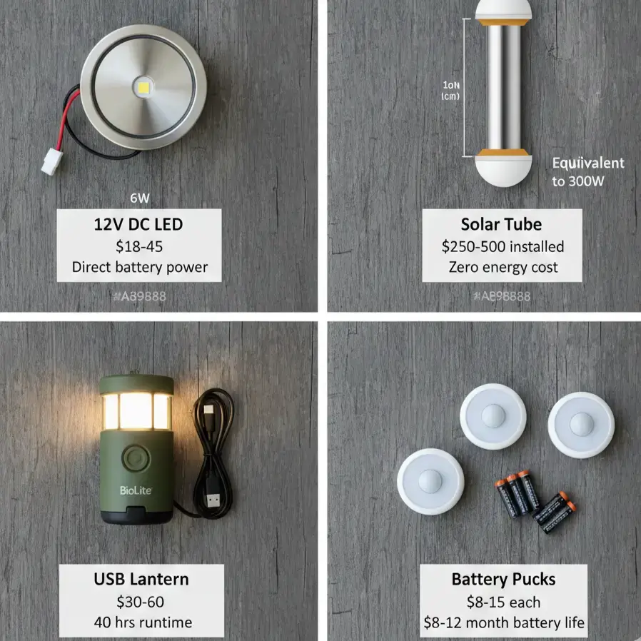 Comparison of off-grid lighting: 12V DC fixture, solar tube, USB lantern, and battery puck lights with prices