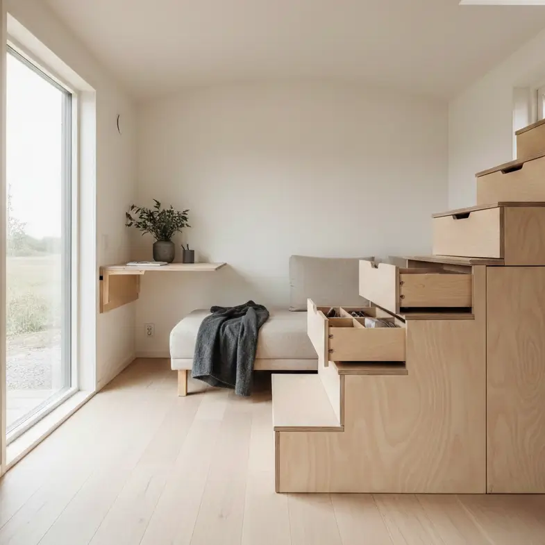 DIY tiny house interior featuring plywood storage stairs and a fold-down desk in a 350 sq ft space.