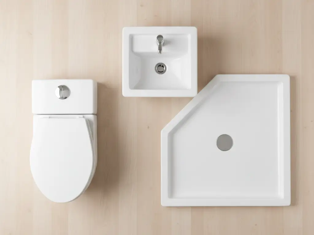 Top-down view of compact toilet, corner sink, and neo-angle shower base with measuring tape showing dimensions