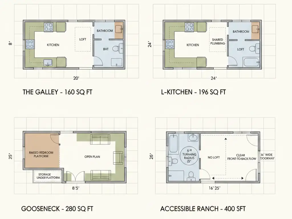 Four tiny house floor plans compared: Galley 160 sq ft, L-Kitchen 196 sq ft, Gooseneck 280 sq ft, and Accessible Ranch 400 sq ft layouts