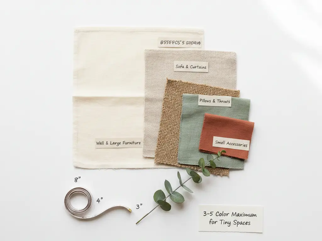 Five textile swatches in warm white, oatmeal, jute, sage, and terracotta showing tiny house color palette building from dominant to accent