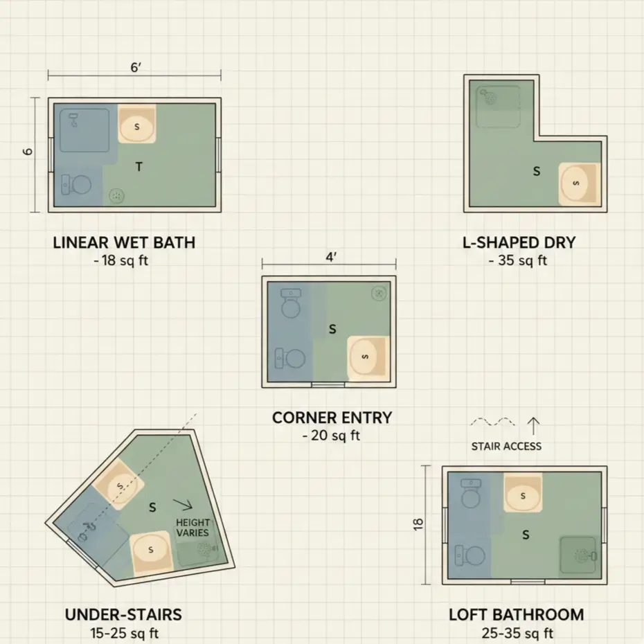 Five tiny bathroom floor plan layouts showing linear wet bath, L-shaped, corner entry, under-stairs, and loft options with dimensions