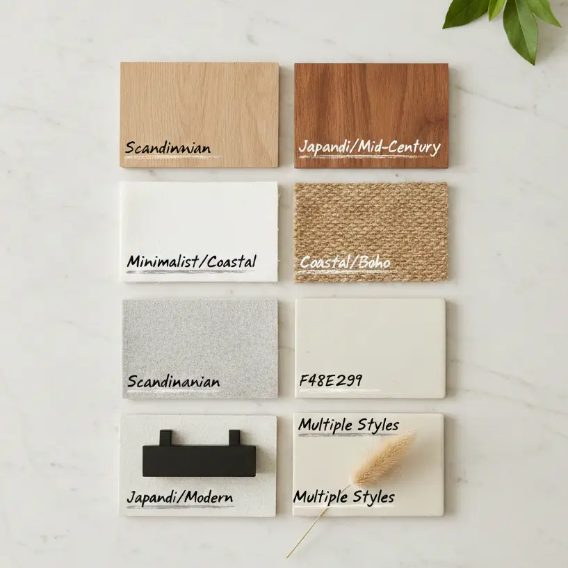 Flat lay of tiny house interior materials including blonde ash wood, walnut, white linen, jute, and gray wool samples labeled by design style