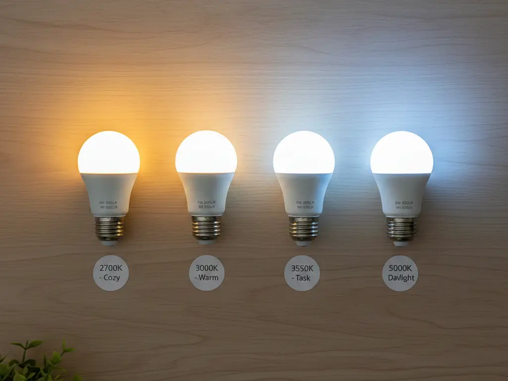 Four LED bulbs showing color temperature comparison from 2700K warm to 5000K daylight