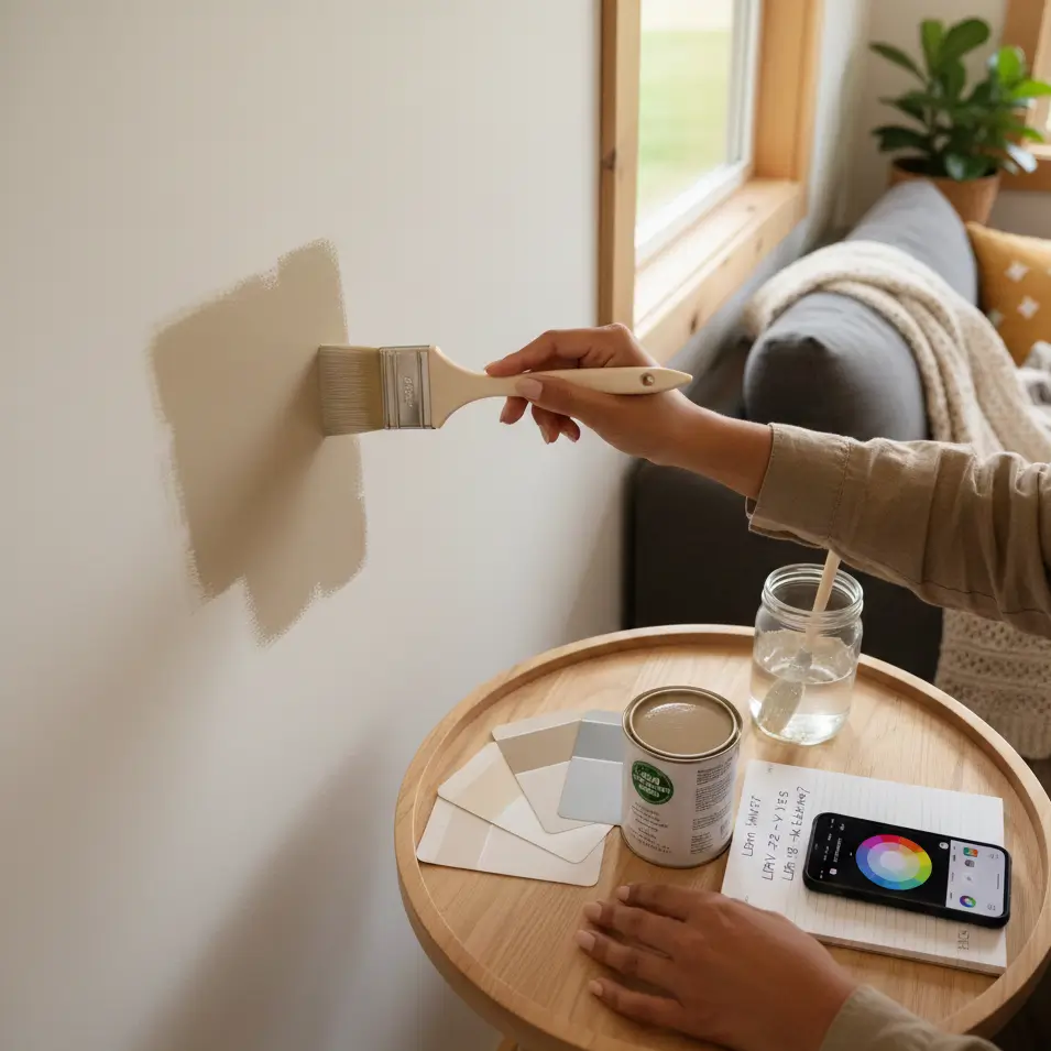 Hands testing paint swatches on tiny house wall with sample cards and eco-friendly paint can visible
