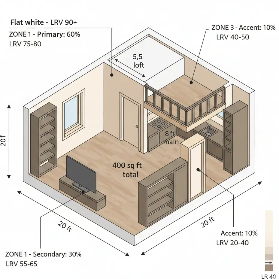 Isometric diagram showing 400 sq ft tiny house color zoning with LRV values labeled for each area