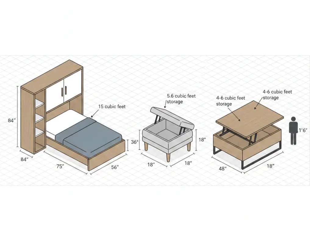 Isometric diagram showing Murphy bed (84x66x16 inches), storage ottoman (36x18x18 inches), and lift-top coffee table (48x24x18 inches) with cubic feet storage labels