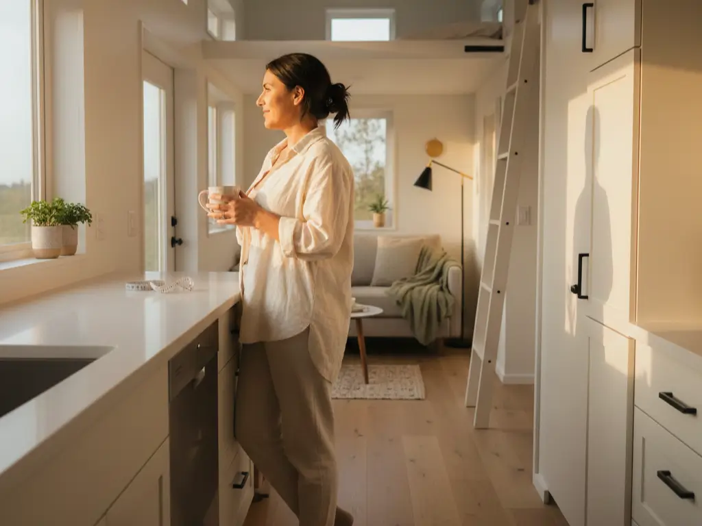 Woman enjoying morning coffee in bright 240 sq ft tiny house kitchen with visible open traffic flow and loft in background