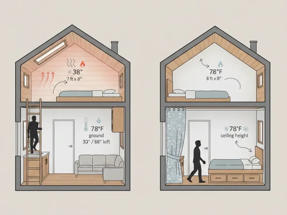 Cross-section comparison of loft bedroom showing 88°F heat versus ground-level bedroom at 78°F with easier access