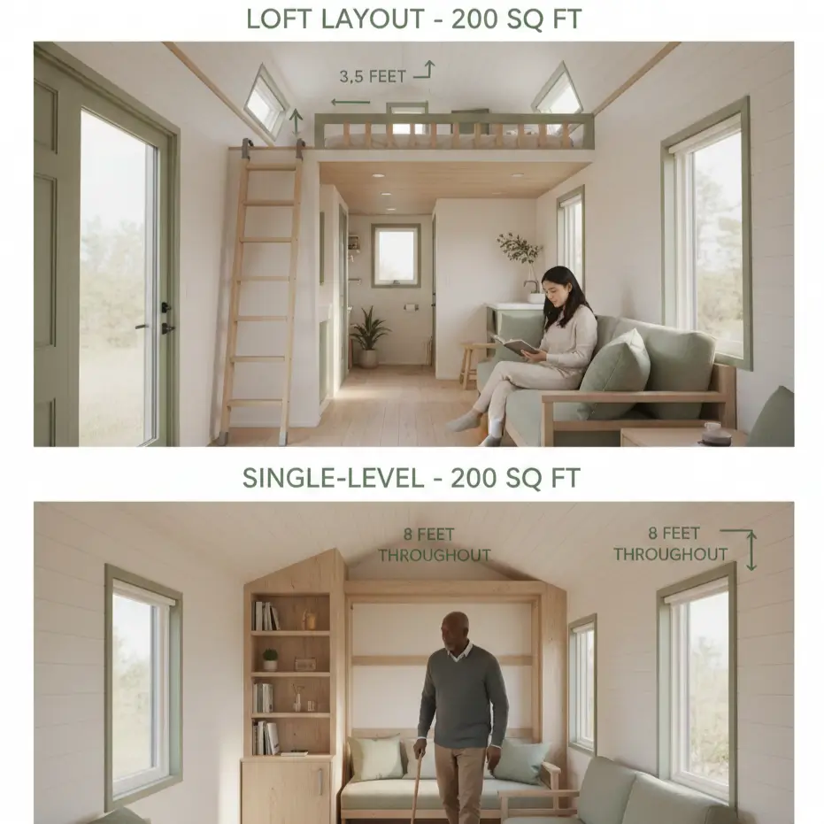 Split comparison of loft versus single-level tiny house layouts in 200 sq ft showing ceiling height differences and accessibility