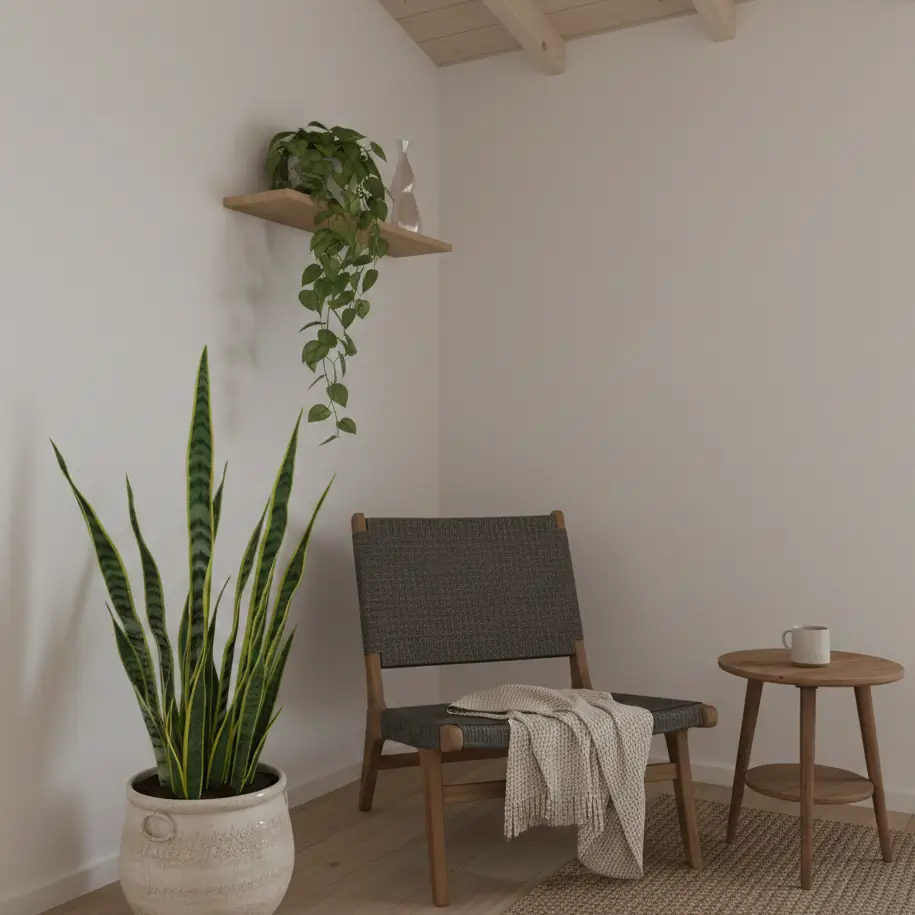 Cozy low light tiny house corner featuring a snake plant and hanging pothos with neutral decor