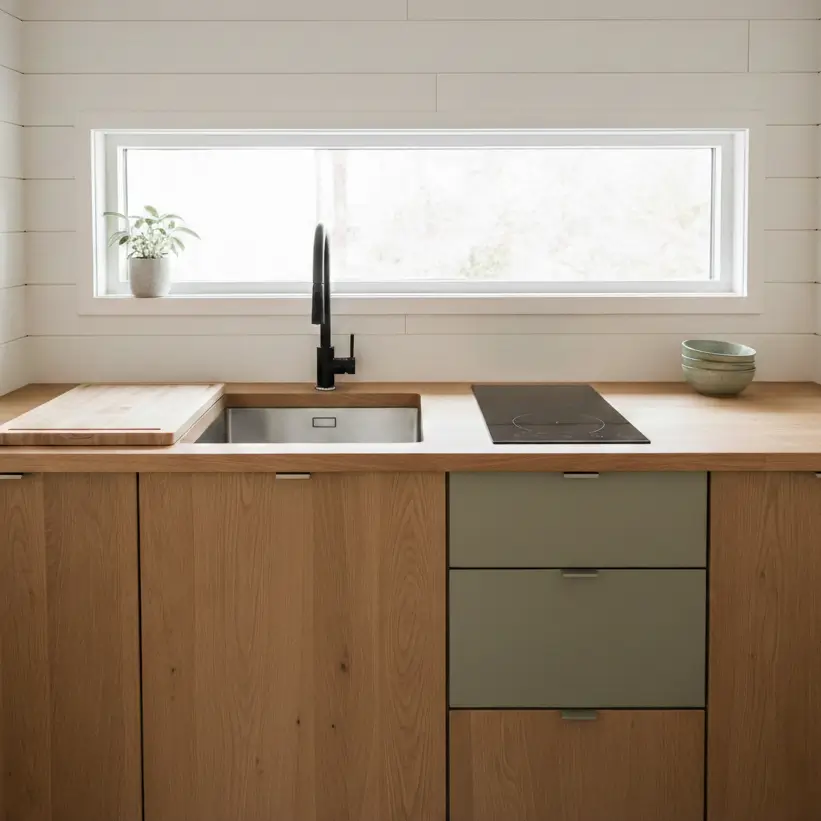 Modern tiny house galley kitchen featuring a 24-inch workstation sink and matte black high-arc faucet in a 60 sq ft space.