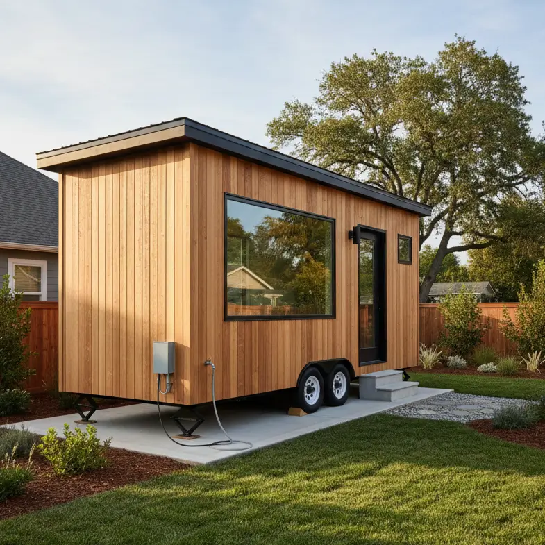 Modern tiny house on wheels parked legally as a backyard ADU with utility connections.
