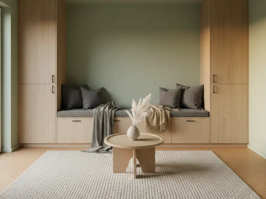 Interior of a 250 sq ft neurodivergent tiny house with sage green walls, enclosed storage, and soft sensory lighting.