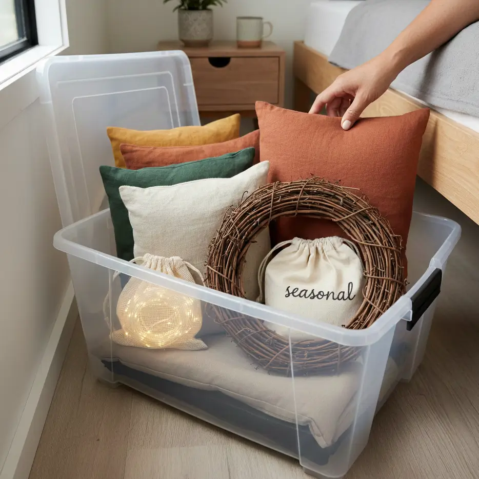 Organized 18x12x6-inch seasonal decor storage bin showing pillow covers, wreath, and string lights under tiny house bed