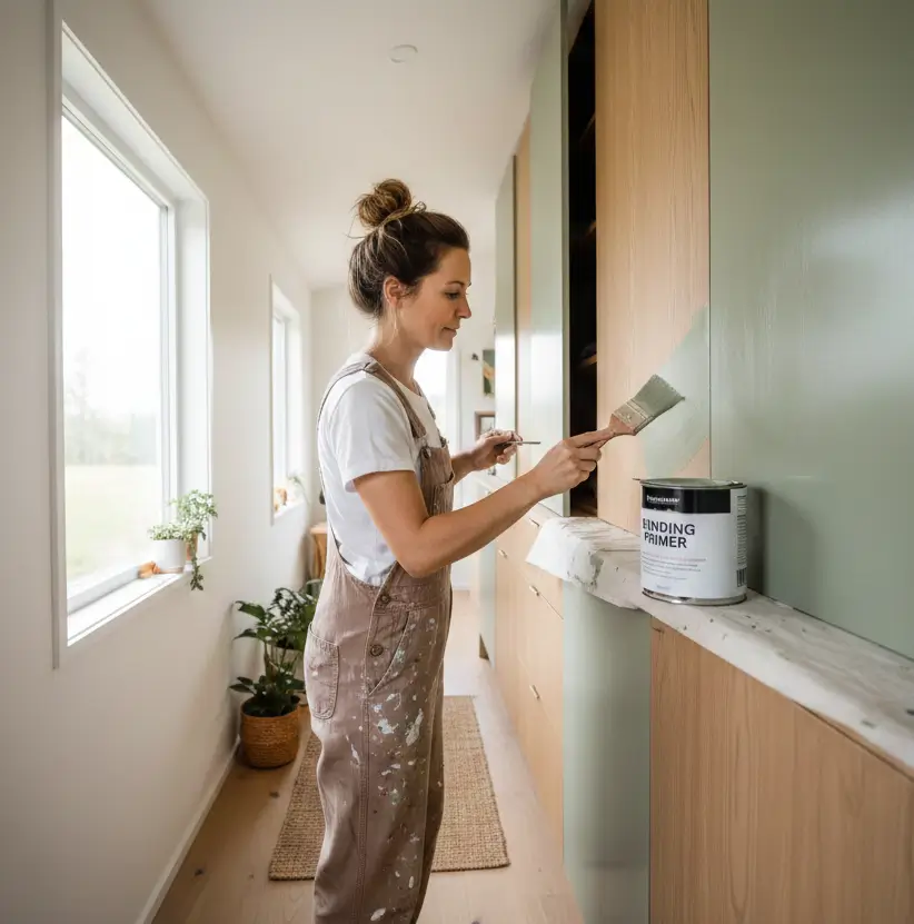 DIY enthusiast applying bonding primer to varnished built-in cabinets in a tiny house renovation.