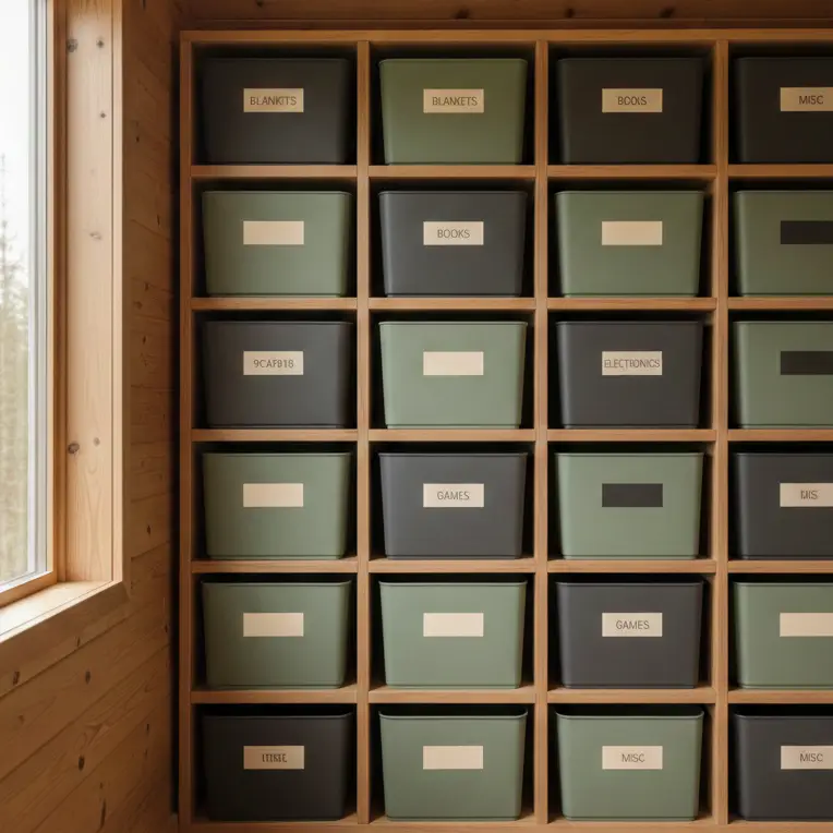 Painted matte green storage bins organized on wooden shelves in a modern tiny house interior.