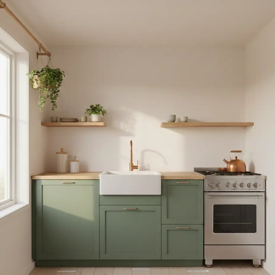 Renovated tiny house kitchen with sage green painted laminate cabinets and butcher block counters.