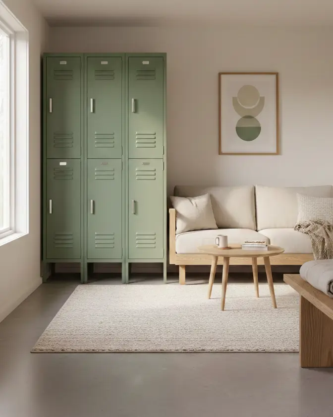 Sage green painted metal locker used as storage in a modern tiny house interior