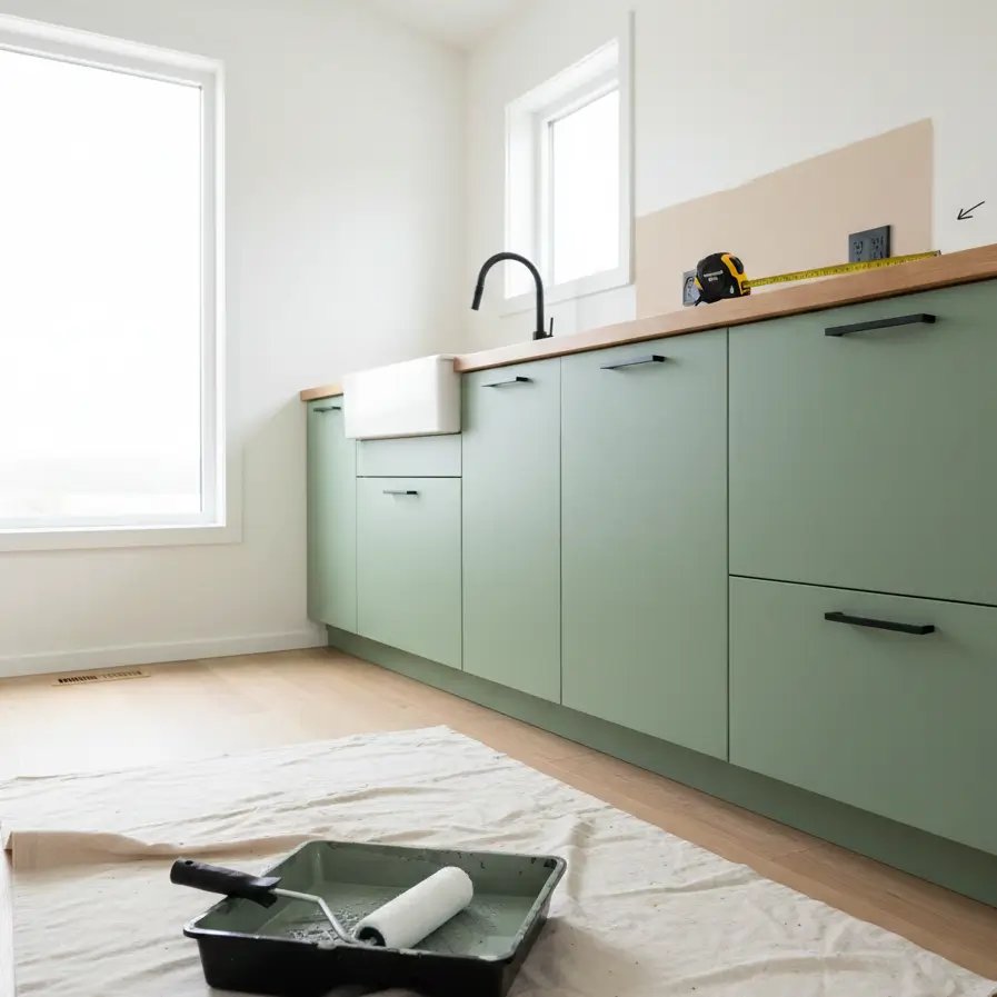 Tiny house kitchen makeover showing sage green painted laminate cabinets contrasting with old beige finish.