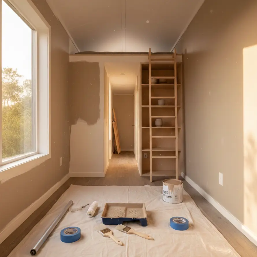 Compact painting tools including 4-inch mini roller and angled brush arranged in 350 sq ft tiny house living area