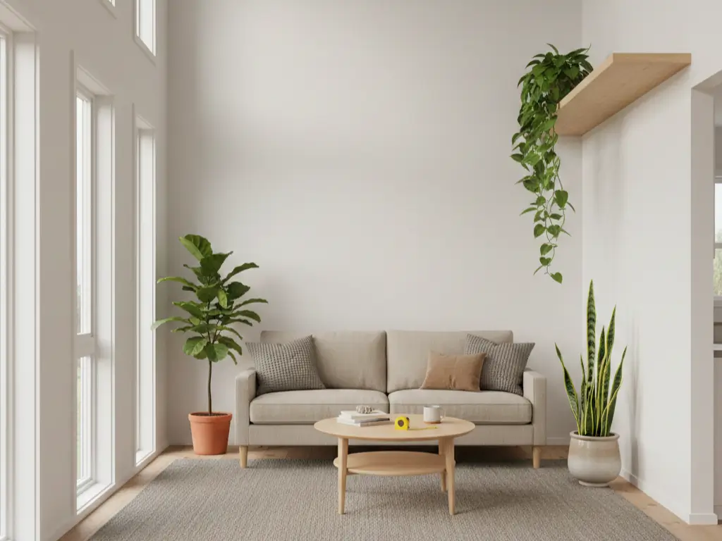Bright tiny house interior featuring vertical plant shelves and organized greenery in a 400 sq ft space.