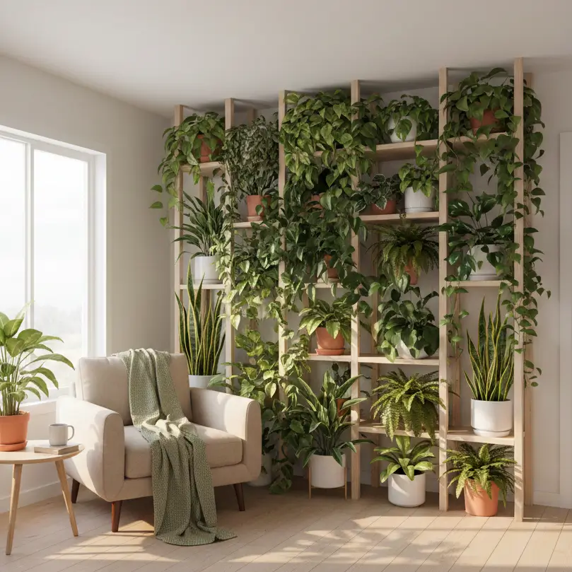 Small living room in a tiny house filled with indoor plants on vertical shelves, illustrating high plant density in compact spaces.