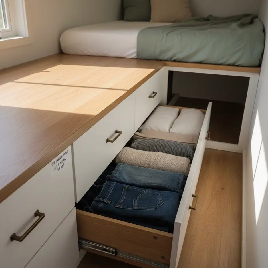 Platform bed storage drawers extended showing 18-inch depth with organized clothing in tiny house bedroom