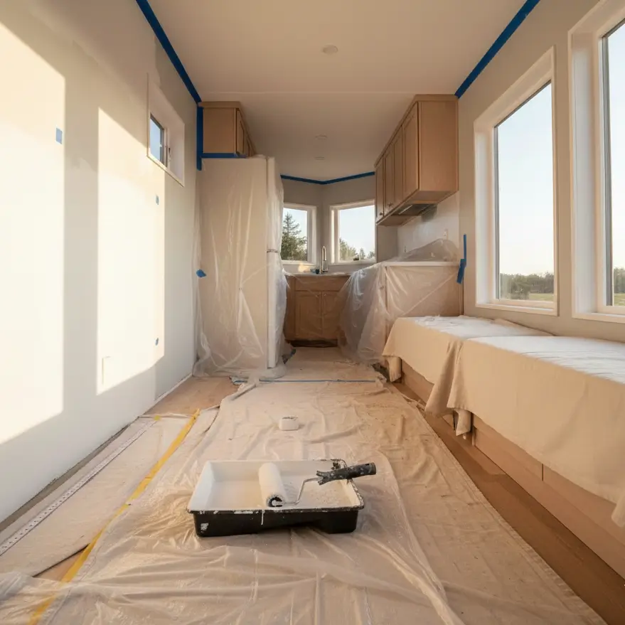Primer application in progress in 350 sq ft tiny house with roller, tape, and measuring tape visible