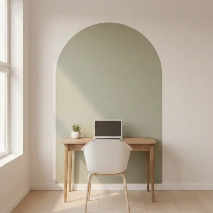 Painted sage green arch on white wall behind desk in small studio apartment, creates separate office zone.