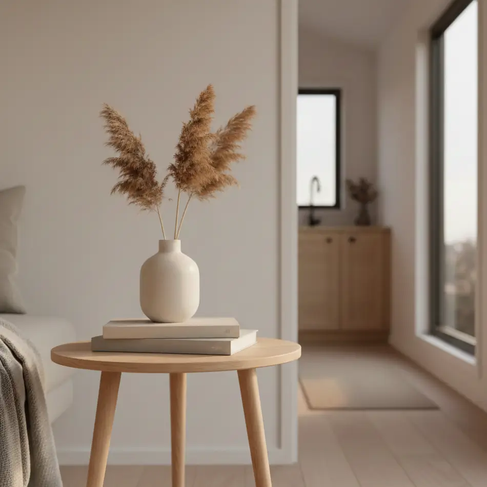 Scandinavian corner styling with ash wood side table, cream ceramic vase, and intentional negative space in 300 sq ft tiny house