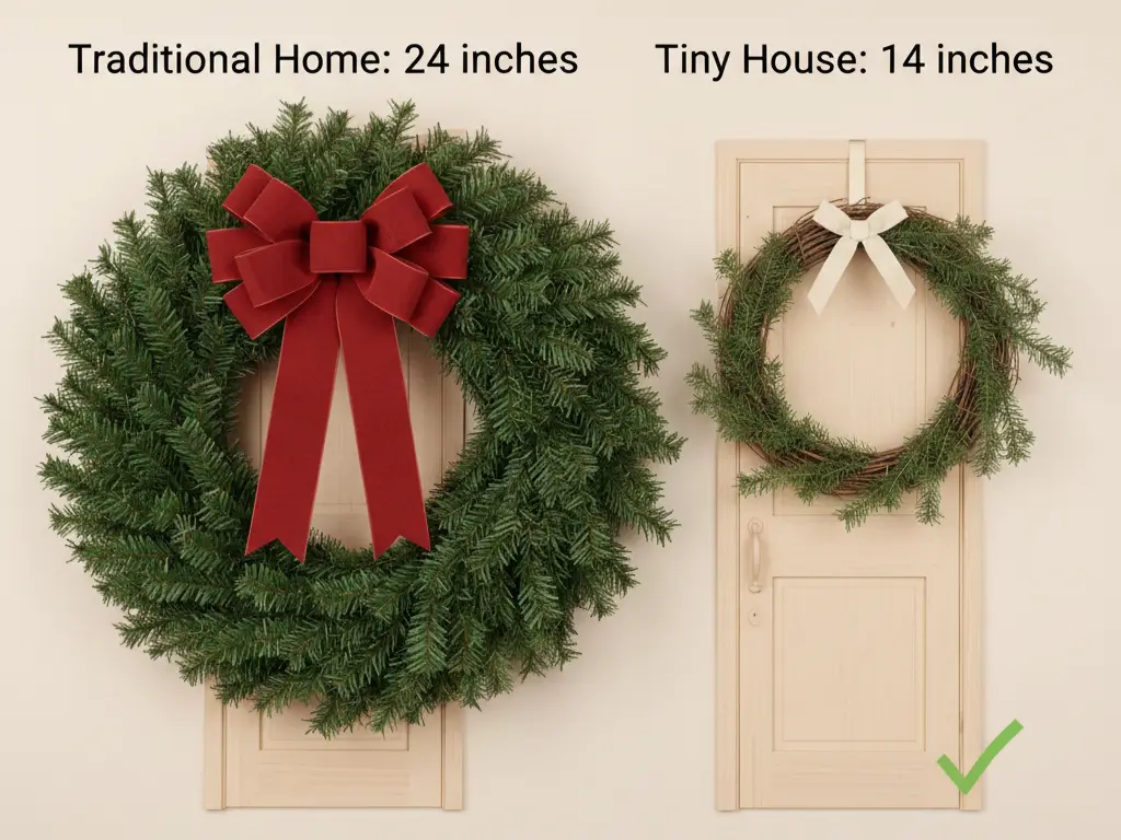 Size comparison showing 24-inch traditional wreath versus 14-inch tiny house appropriate wreath with measuring tape