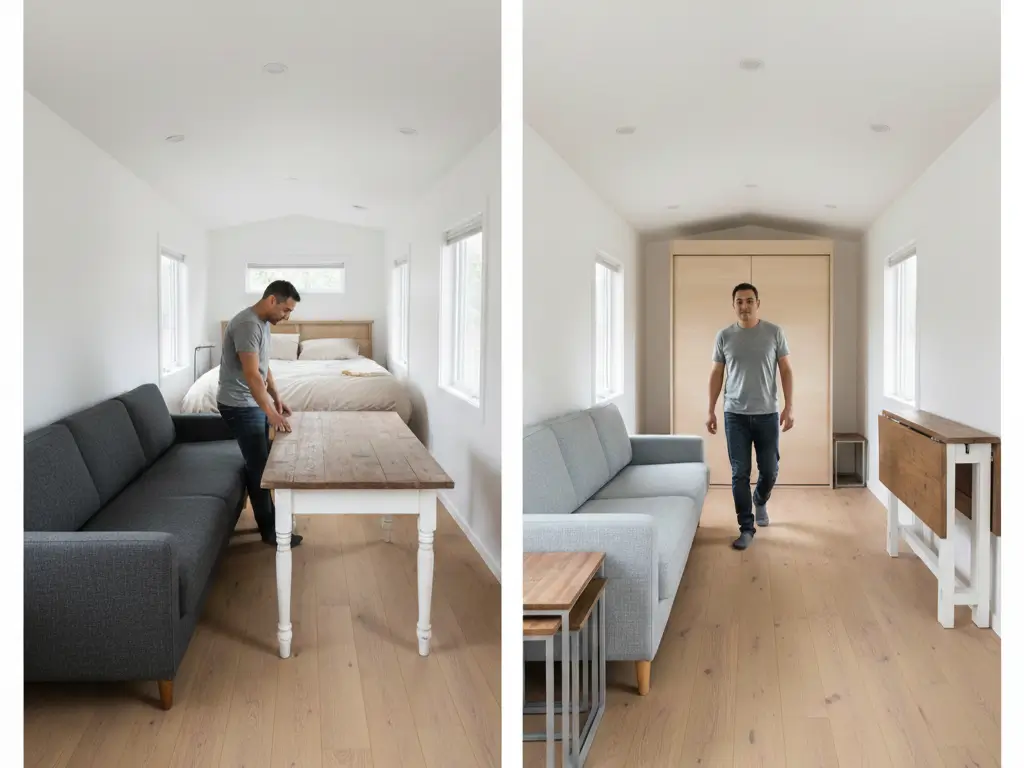 Before and after comparison of 320 sq ft tiny house showing cramped standard furniture vs. optimized multi-functional pieces