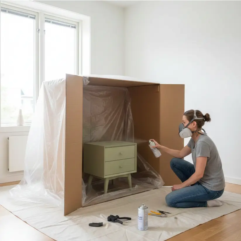 DIY spray paint booth setup in a small apartment living room with drop cloths and respirator.