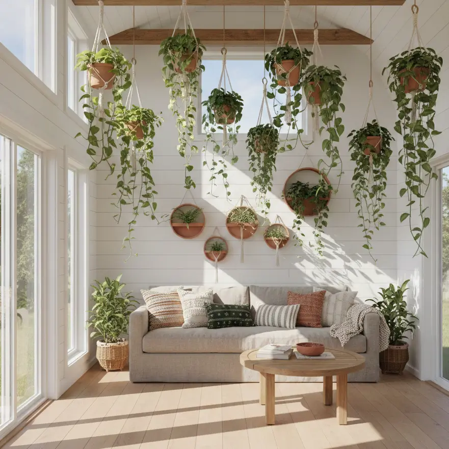 Tiny house interior with vertical hanging plants and clear floor space featuring zero-floor-print arrangement.