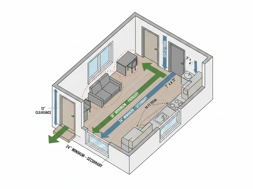Tiny house floor plan diagram showing traffic flow paths with measurements: 36-inch primary routes, 24-inch secondary, 12-inch clearances