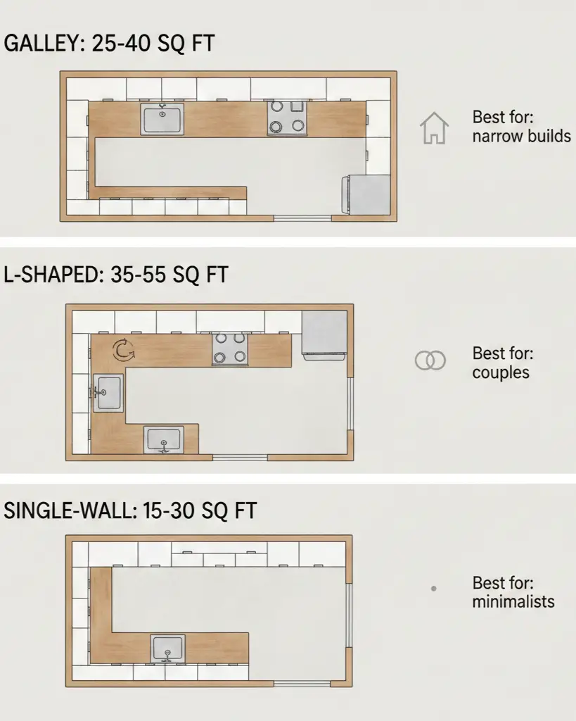 Three tiny house kitchen layouts compared: galley, L-shaped, and single-wall with square footage
