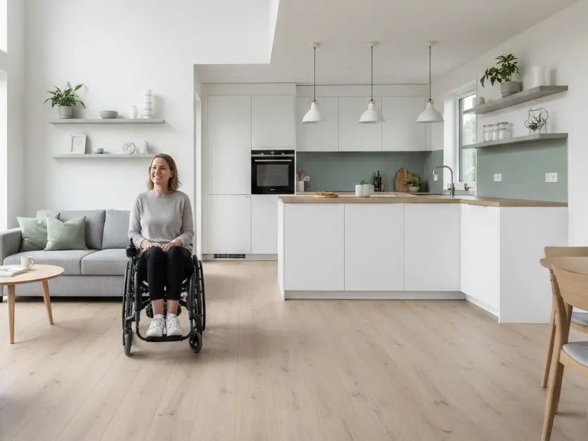 Accessible tiny house interior with wide 36-inch hallways and open floor plan for wheelchair maneuverability.